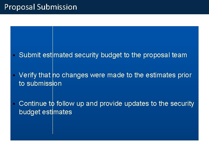 Proposal Submission § Submit estimated security budget to the proposal team § Verify that