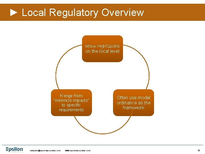 ► Local Regulatory Overview More regulations on the local level Range from “minimize impacts”