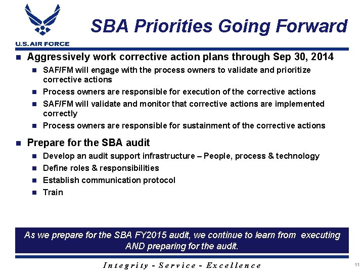 SBA Priorities Going Forward Aggressively work corrective action plans through Sep 30, 2014 SAF/FM