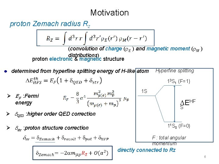 Motivation proton Zemach radius Rz (convolution of charge (r. E ) and magnetic moment