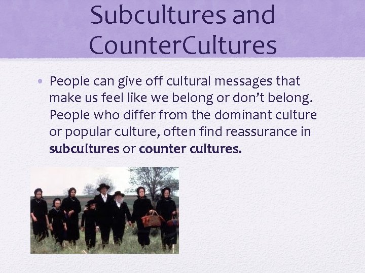 Subcultures and Counter. Cultures • People can give off cultural messages that make us