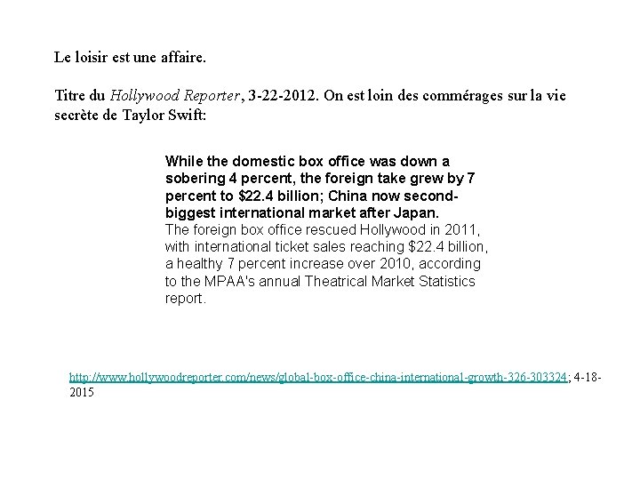 Le loisir est une affaire. Titre du Hollywood Reporter, 3 -22 -2012. On est