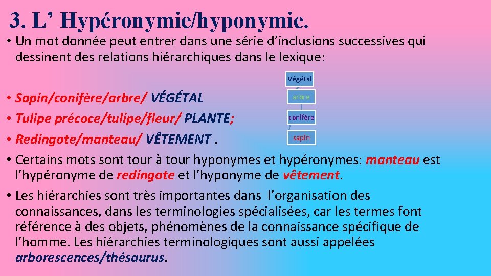 3. L’ Hypéronymie/hyponymie. • Un mot donnée peut entrer dans une série d’inclusions successives