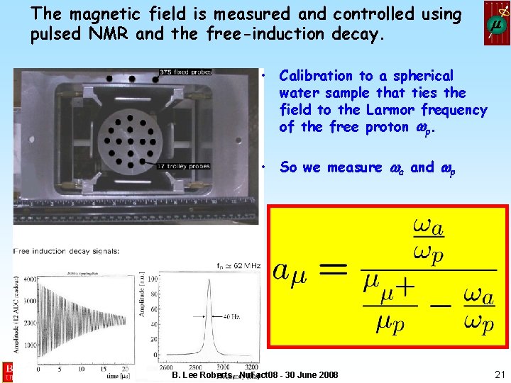 The magnetic field is measured and controlled using pulsed NMR and the free-induction decay.