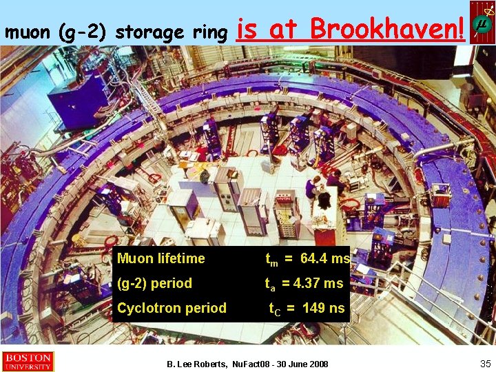 muon (g-2) storage ring is at Brookhaven! Muon lifetime tm = 64. 4 ms