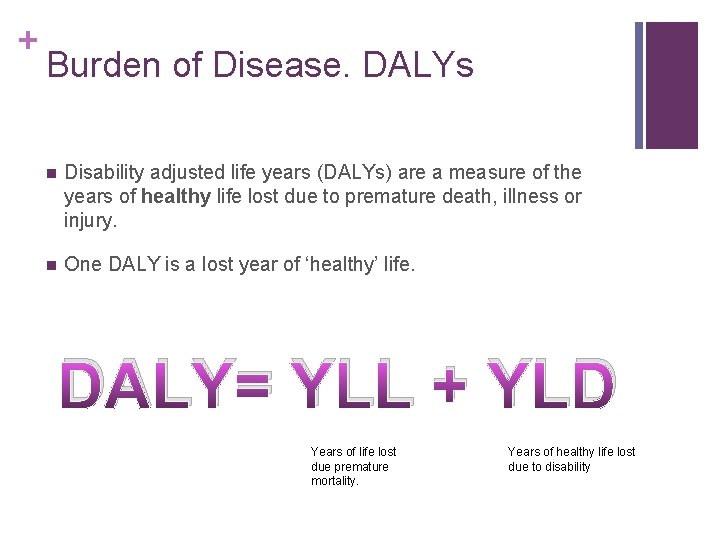 + Burden of Disease. DALYs n Disability adjusted life years (DALYs) are a measure