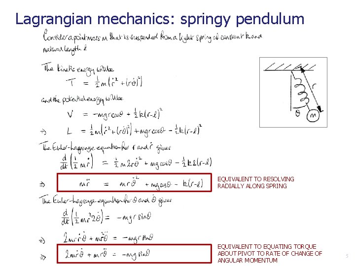 Lagrangian mechanics: springy pendulum EQUIVALENT TO RESOLVING RADIALLY ALONG SPRING EQUIVALENT TO EQUATING TORQUE