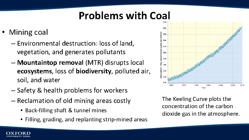 Problems with Coal • Mining coal – Environmental destruction: loss of land, vegetation, and