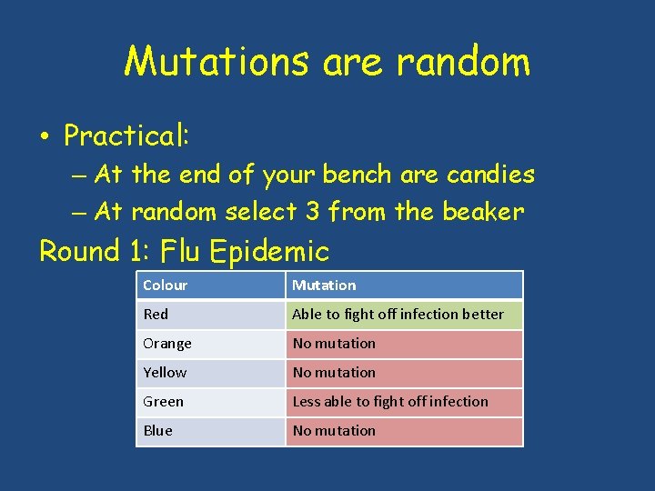 Mutations are random • Practical: – At the end of your bench are candies Mutations are random • Practical: – At the end of your bench are candies