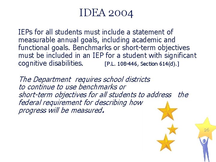 IDEA 2004 IEPs for all students must include a statement of measurable annual goals,