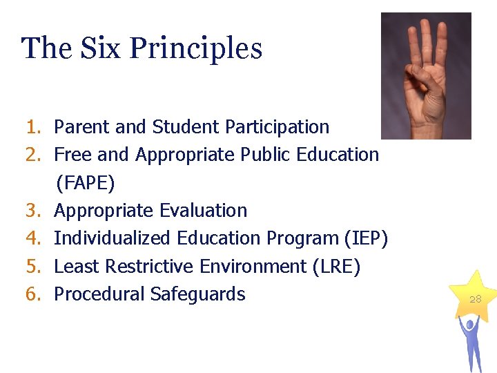 The Six Principles 1. Parent and Student Participation 2. Free and Appropriate Public Education