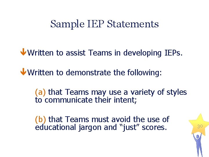 Sample IEP Statements Written to assist Teams in developing IEPs. Written to demonstrate the
