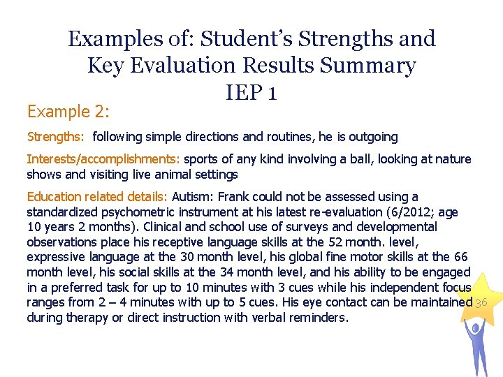 Examples of: Student’s Strengths and Key Evaluation Results Summary IEP 1 Example 2: Strengths: