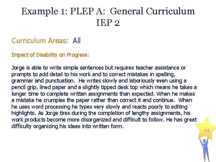 Example 1: PLEP A: General Curriculum IEP 2 Curriculum Areas: All Impact of Disability