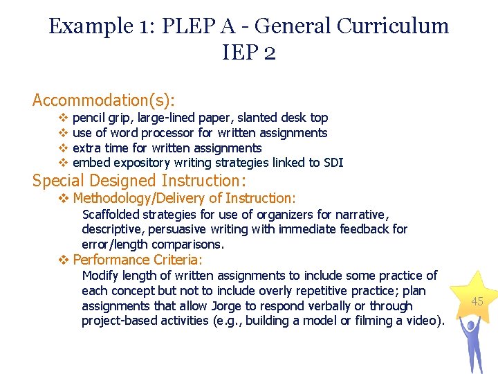 Example 1: PLEP A - General Curriculum IEP 2 Accommodation(s): v v pencil grip,