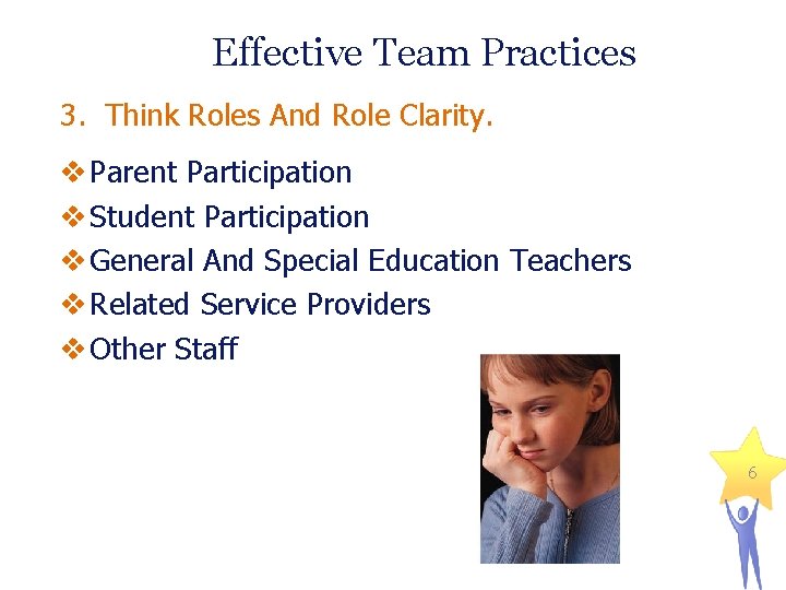 Effective Team Practices 3. Think Roles And Role Clarity. v Parent Participation v Student