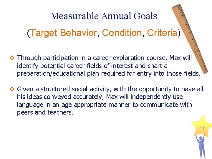 Measurable Annual Goals (Target Behavior, Condition, Criteria) v Through participation in a career exploration