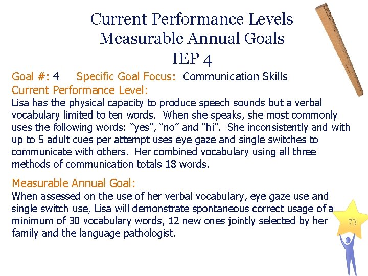 Current Performance Levels Measurable Annual Goals IEP 4 Goal #: 4 Specific Goal Focus: