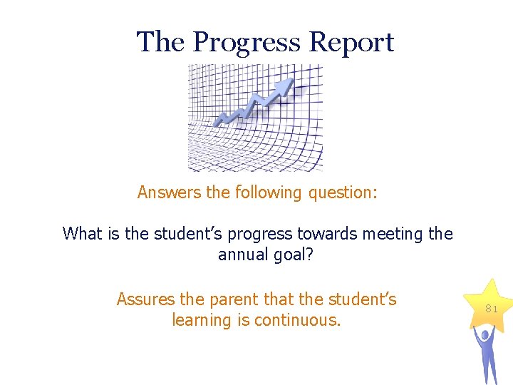 The Progress Report Answers the following question: What is the student’s progress towards meeting