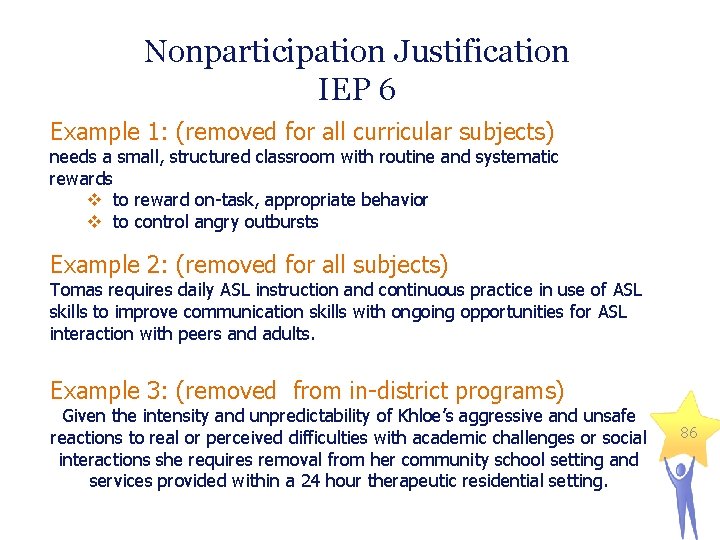 Nonparticipation Justification IEP 6 Example 1: (removed for all curricular subjects) needs a small,