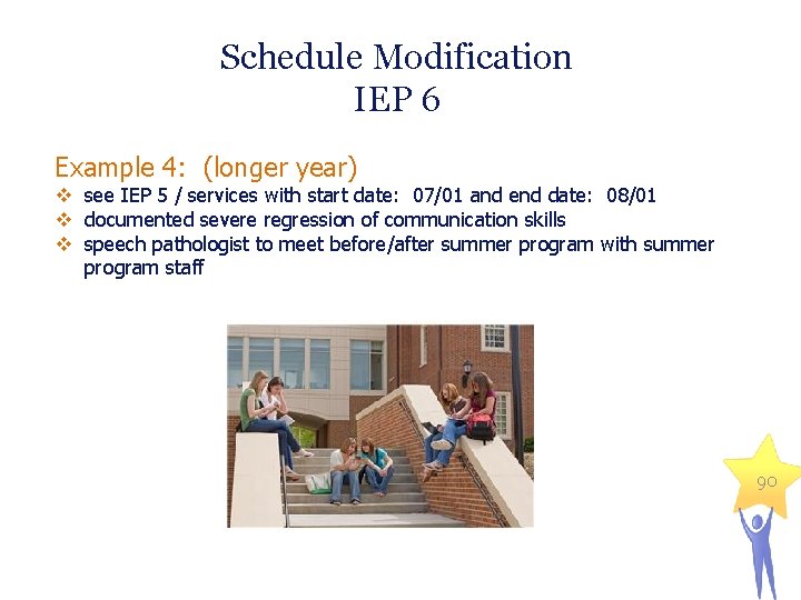 Schedule Modification IEP 6 Example 4: (longer year) v see IEP 5 / services