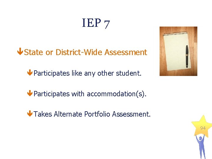 IEP 7 State or District-Wide Assessment Participates like any other student. Participates with accommodation(s).