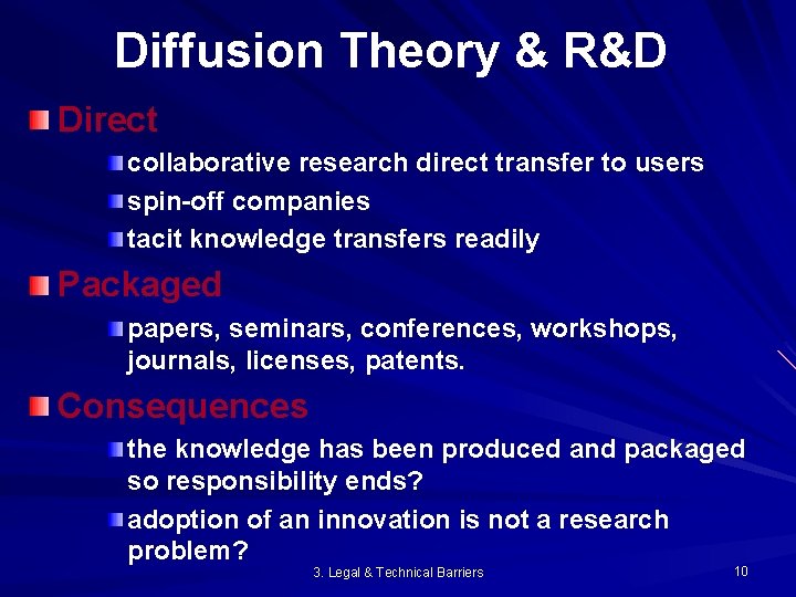 Diffusion Theory & R&D Direct collaborative research direct transfer to users spin-off companies tacit