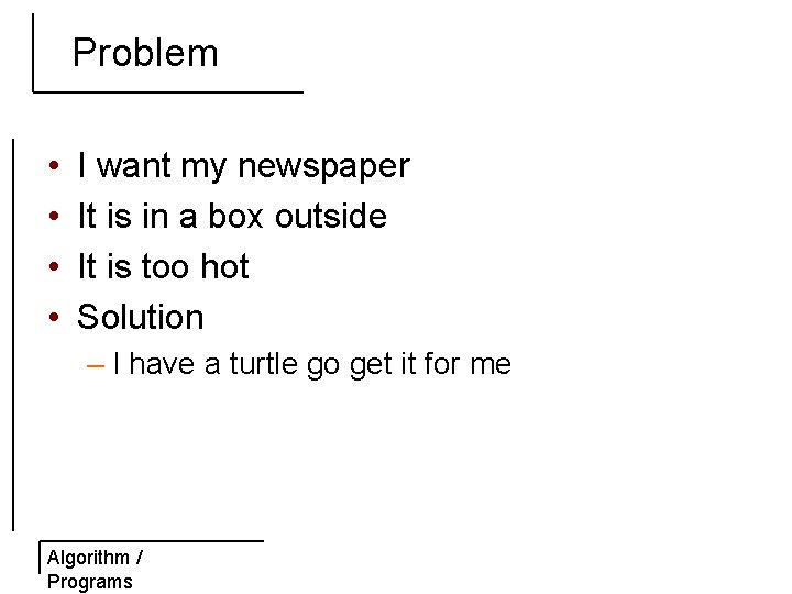 Problem • • I want my newspaper It is in a box outside It