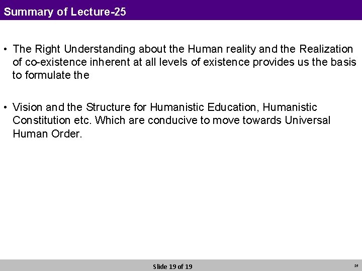 Summary of Lecture-25 • The Right Understanding about the Human reality and the Realization