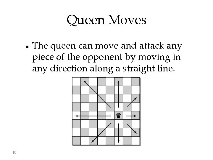 Queen Moves 10 The queen can move and attack any piece of the opponent