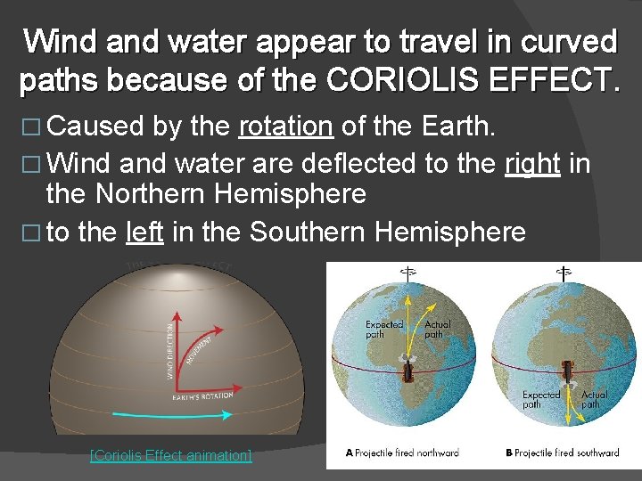 Wind and water appear to travel in curved paths because of the CORIOLIS EFFECT.