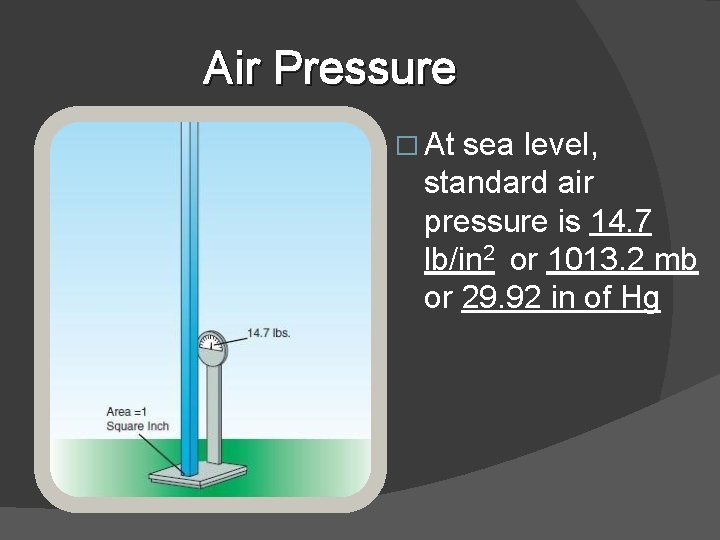 Air Pressure � At sea level, standard air pressure is 14. 7 lb/in 2