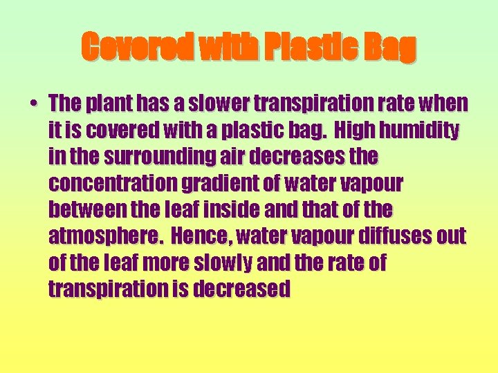 Covered with Plastic Bag • The plant has a slower transpiration rate when it