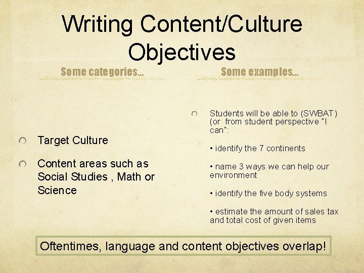 Writing Content/Culture Objectives Some categories… Target Culture Content areas such as Social Studies , Writing Content/Culture Objectives Some categories… Target Culture Content areas such as Social Studies ,