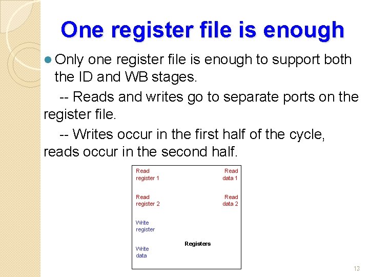 One register file is enough l Only one register file is enough to support