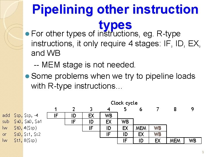 Pipelining other instruction types l For other types of instructions, eg. R-type instructions, it