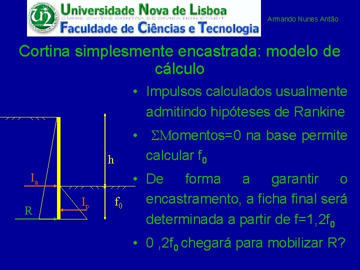 Armando Nunes Antão Cortina simplesmente encastrada: modelo de cálculo • Impulsos calculados usualmente admitindo