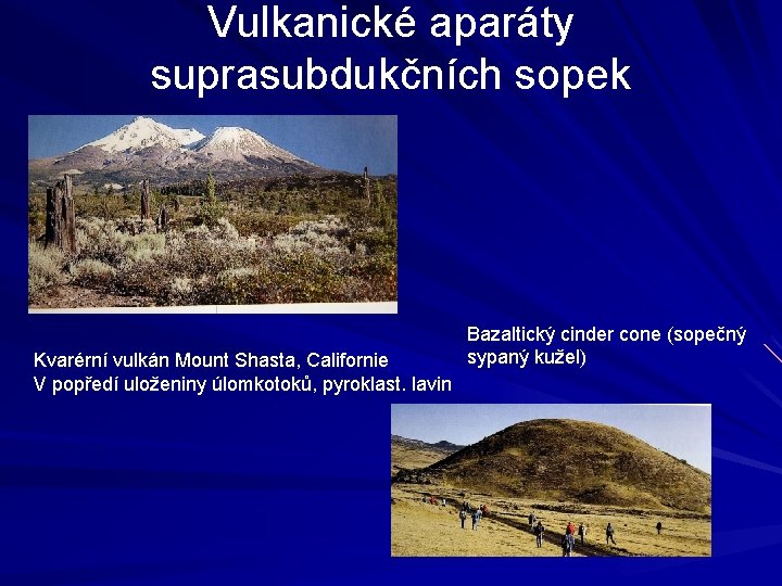 Vulkanické aparáty suprasubdukčních sopek Kvarérní vulkán Mount Shasta, Californie V popředí uloženiny úlomkotoků, pyroklast.
