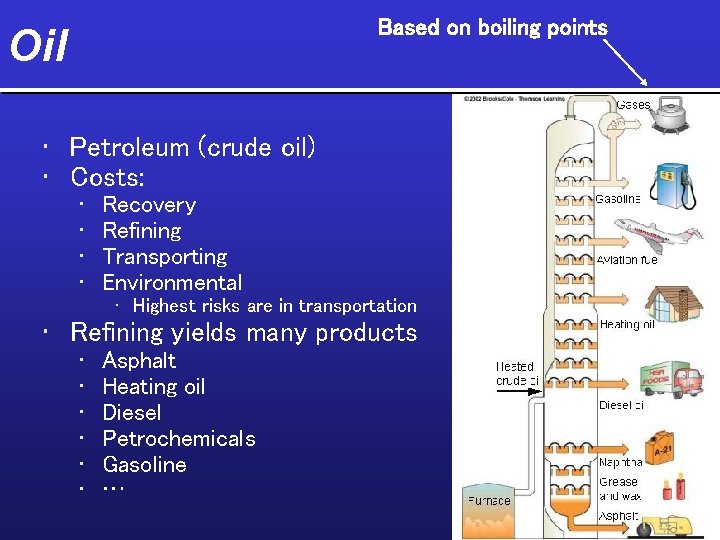 Based on boiling points Oil • Petroleum (crude oil) • Costs: • • Recovery