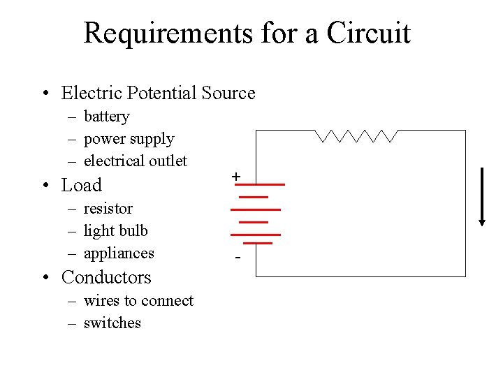 Requirements for a Circuit • Electric Potential Source – battery – power supply –