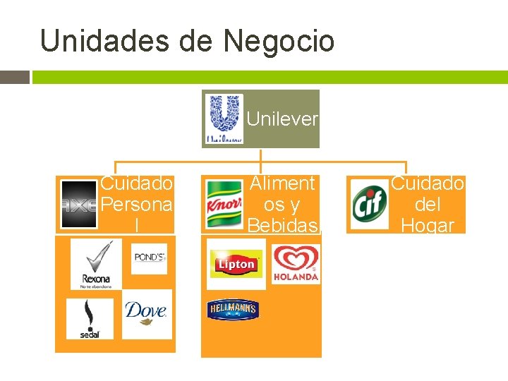 Unidades de Negocio Unilever Cuidado Persona l Aliment os y Bebidas Cuidado del Hogar