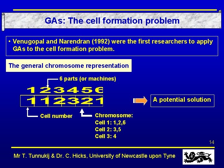 GAs: The cell formation problem • Venugopal and Narendran (1992) were the first researchers