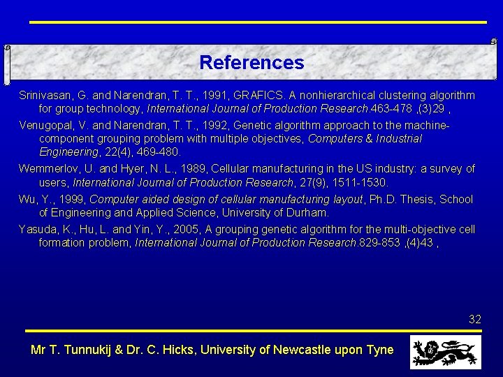 References Srinivasan, G. and Narendran, T. T. , 1991, GRAFICS. A nonhierarchical clustering algorithm