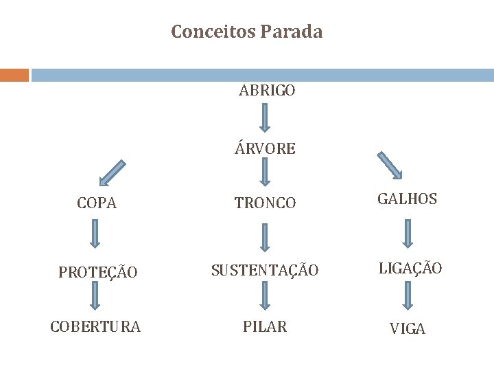 Conceitos Parada ABRIGO ÁRVORE COPA TRONCO GALHOS PROTEÇÃO SUSTENTAÇÃO LIGAÇÃO COBERTURA PILAR VIGA 