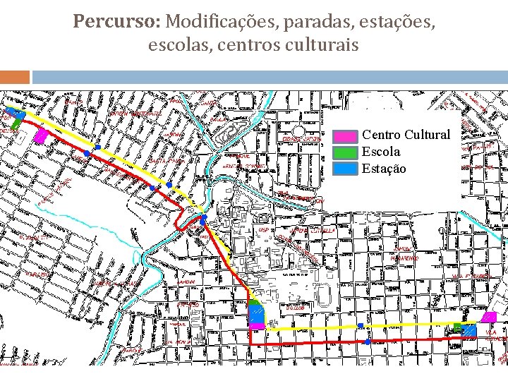 Percurso: Modificações, paradas, estações, escolas, centros culturais Centro Cultural Escola Estação 