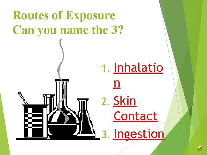 Routes of Exposure Can you name the 3? 1. Inhalatio n 2. Skin Contact