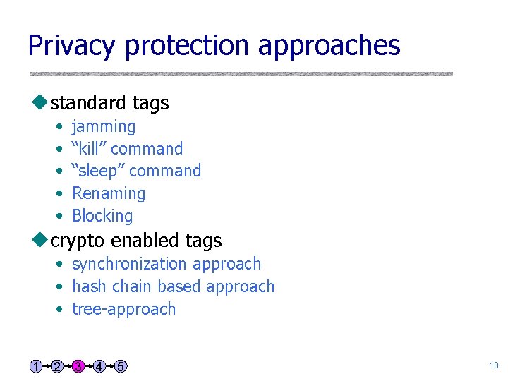 Privacy protection approaches ustandard tags • • • jamming “kill” command “sleep” command Renaming