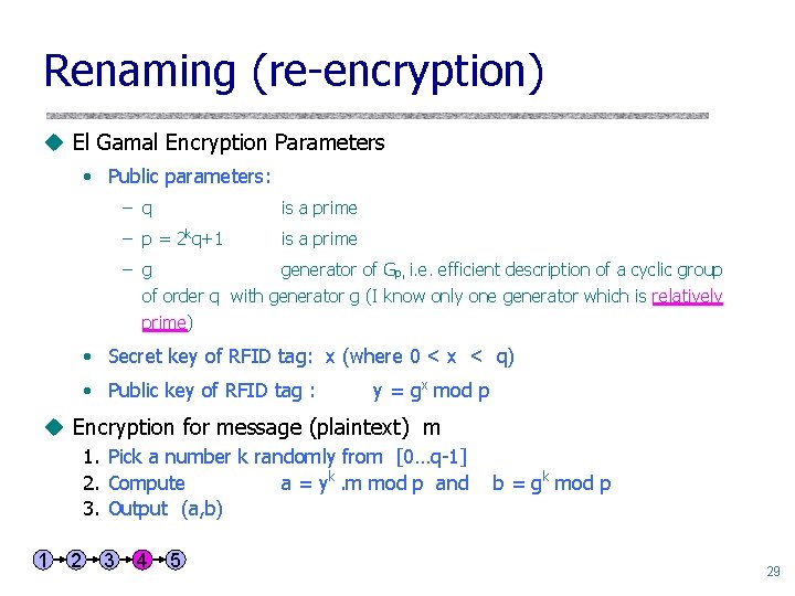 Renaming (re-encryption) u El Gamal Encryption Parameters • Public parameters: – q is a