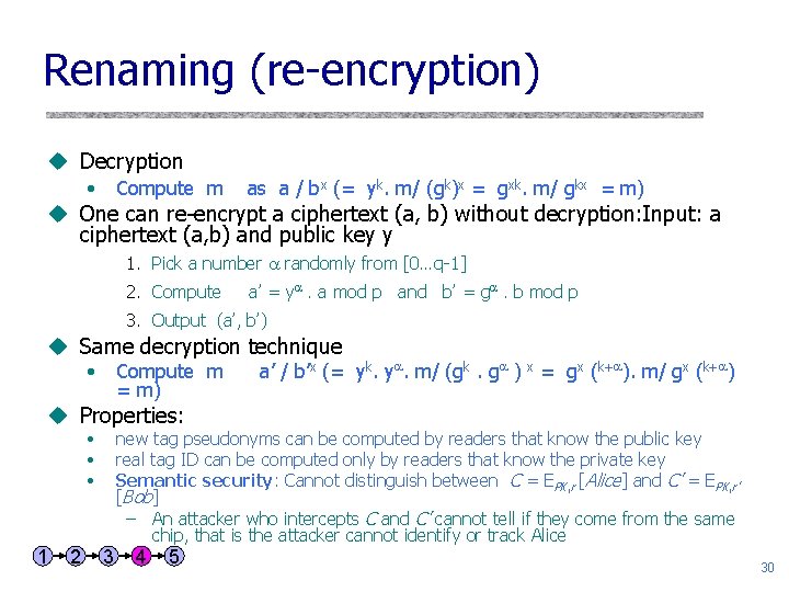 Renaming (re-encryption) u Decryption • Compute m as a / bx (= yk. m/