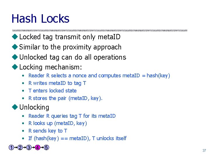 Hash Locks u Locked tag transmit only meta. ID u Similar to the proximity